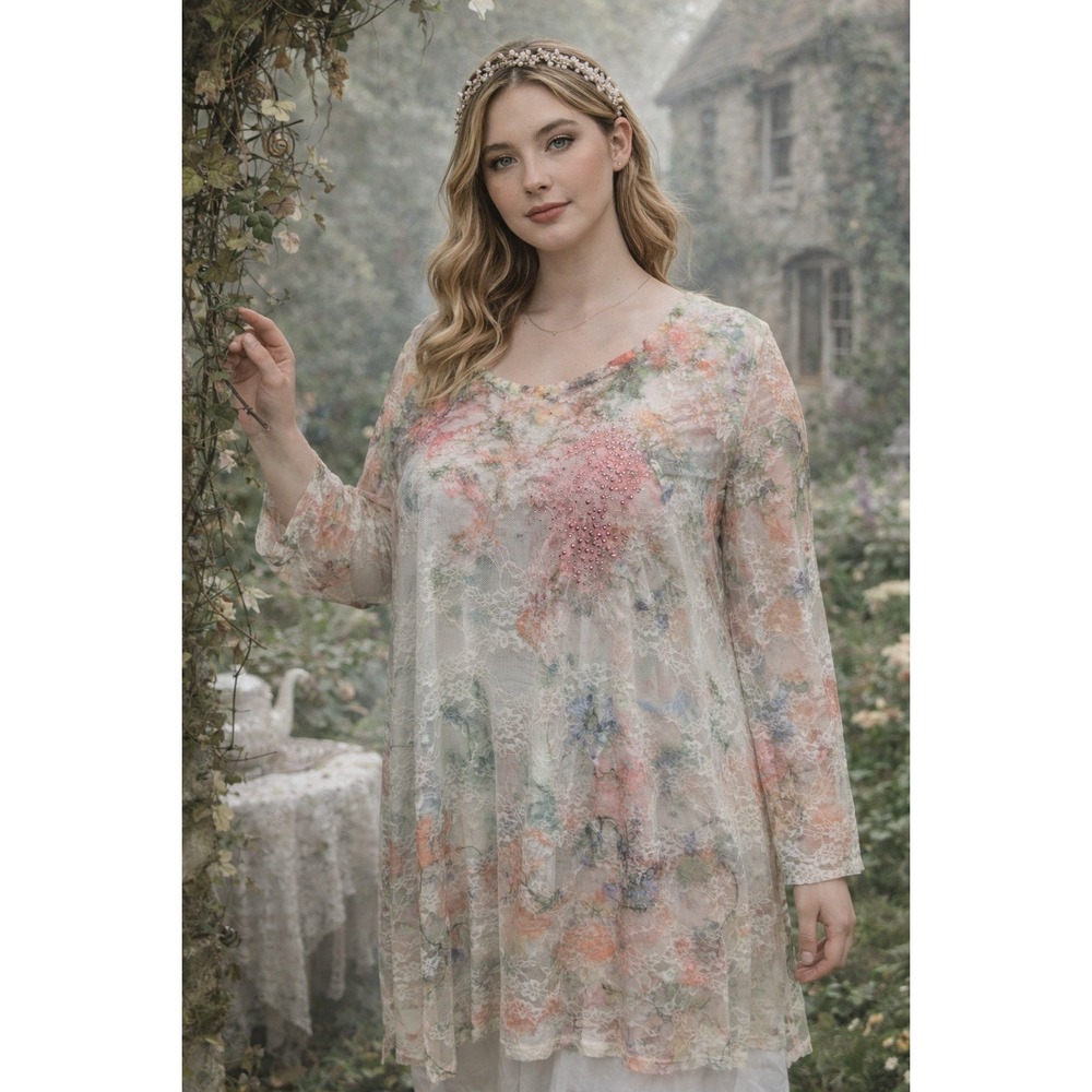 Cal Style Floral Lace‎ Dress Womens 3X Fairy Rhinestone Long Sleeve USA Made